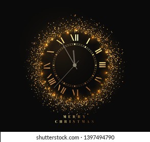 New Year shiny gold watch, five minutes to midnight. Merry Christmas. Xmas holiday. Glowing background with bright lights and golden sparkles. Design vector illustration