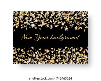 New Year shiny invitation card template with bright golden confetti stars for festive design