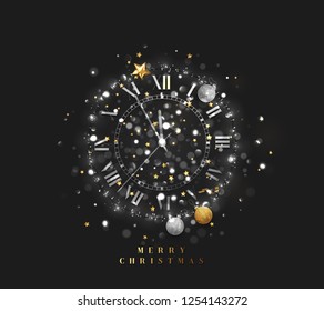 New Year shiny silver clock, five minutes to midnight. Merry Christmas. Xmas holiday. Glowing background with bright lights and sparkle bokeh