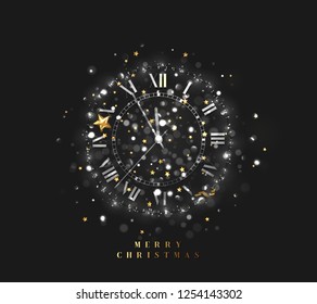 New Year shiny silver clock, five minutes to midnight. Merry Christmas. Xmas holiday. Glowing background with bright lights and sparkle bokeh