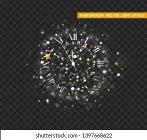 New Year shiny silver clock, five minutes to midnight. Merry Christmas. Xmas holiday. Glowing background with bright lights and sparkle bokeh. Vector illustration design with transparency effect