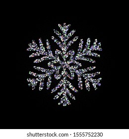 New Year  Shiny Snowflake on Black Background. Glitter christmas greeting card