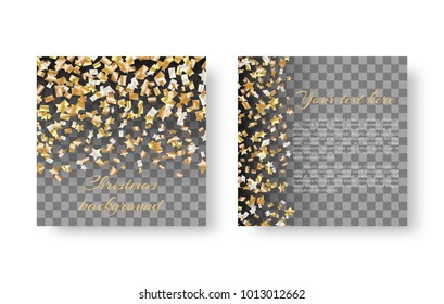New Year shiny square background with greetings card with falling golden stars of confetti for festive design