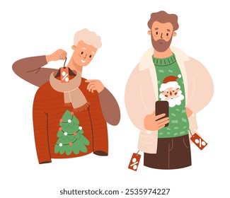 New year Shopping. Bearded Man and guy trying on winter clothes and ugly Christmas sweater with Santa and tree on sale. Vector illustration. Isolated Festive male shopper. Concept purchase and gift