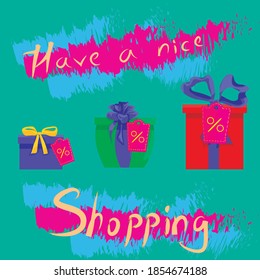 concepto de compras de año nuevo. selección de regalos en una caja de regalo con descuento. venta de invierno. Navidad, Año Nuevo, Cumpleaños, Día de San Valentín. vector