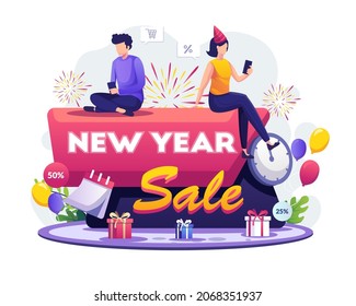 New Year Shopping and Sale concept design. A man and a woman sitting at the sale sign do shopping online through their smartphones. Flat vector illustration
