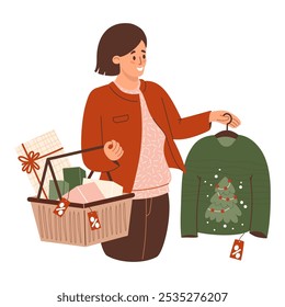 New year Shopping sale. Happy woman with pile of gift boxes in shopping cart buys ugly Christmas sweater with xmas tree. Vector illustration. Holiday female shopper character in flat style