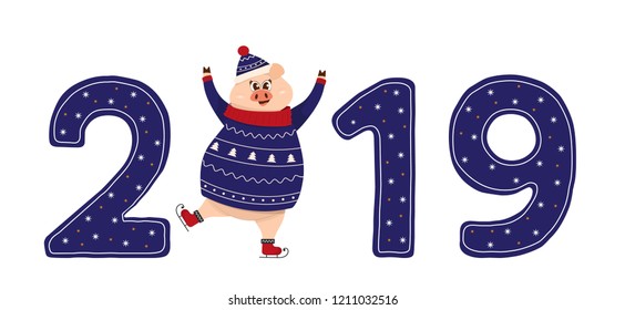 New year sign 2019 with funny pig in cozzy christmas pullover skating. Text 2019 in blue color. Used as logo, emblem for  posters, banners, greeting or calendar. Isolated vector illustration