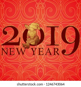 New year sign with a Cute pig in a Santa hat and scarf. Mascot of the New Year 2019 according to Chinese zodiac calendar. Red pattern background. Calendar cover or greeting card. EPS10 vector