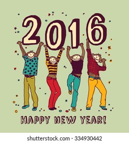 New year sign and happy monkey color card. Monkey with sign greeting new year card. Vector illustration. EPS8