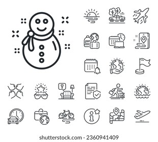 New year sign. Plane jet, travel map and baggage claim outline icons. Christmas snowman line icon. Winter holiday symbol. Snowman line sign. Car rental, taxi transport icon. Place location. Vector