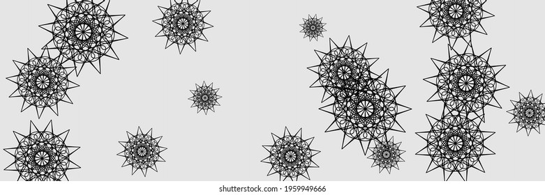 New Year Silver Black Dark Snow Pattern. Stars Santa Snowflakes Ornamental Composition. Christmas Night Winter Holiday Mandala Illustration. Print Ornamental Grey Horizontal Chaotic Sky Background.