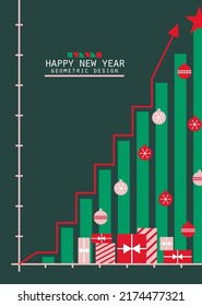 New Year simple infographic template with light green Christmas tree and red arrow. Creative concept of financial success in bauhaus style. Vector greeting card with winter decoration and gift boxes.