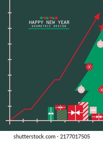 Plantilla infográfica simple de Año Nuevo con árbol de Navidad verde claro y flecha roja. Concepto creativo de éxito financiero al estilo bauhaus. Tarjeta de bienvenida vectorial con decoración de invierno y cajas de regalo.