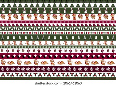 New year simple pattern. Winter fairy tale. New year 2022 seamless pattern with tiger cubs. Christmas striped background in red, green and white colors. Vector illustration