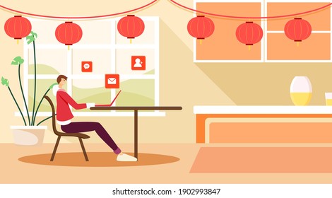 New year sitting at the desk using computer office chat overtime white collar vector poster illustration background