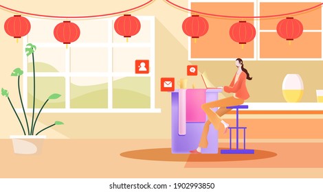 Año nuevo sentado en el escritorio usando el chat de la oficina de computadora horas extras de collarín blanco gráfico de ilustración fondo