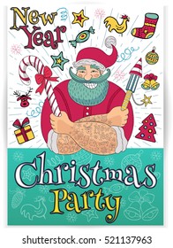New Year in sketch style. Hipster tattooed Santa Claus. Christmas party, Funny cartoon, character, candy, firecracker, fireworks. Hand drawn vector illustration.