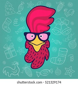 New Year in sketch style. Hipster rooster in glasses. Funny cartoon, character, cock, candy, flat, chalkboard. Hand drawn vector illustration.