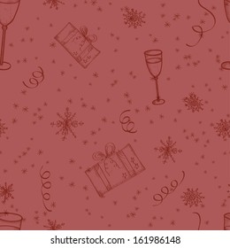 New Year Sketch Vector Red Seamless with Snowflakes