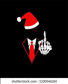 New Year Skull vector background, Santa Claus in a suit with middle finger up