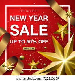 New year slae banner design with golden ribbon and star.