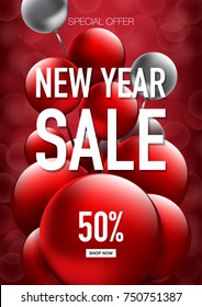 New year slae banner design with red and silver balloon.