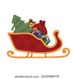 New Year sleigh with Christmas tree and presents. Cute Christmas attribute. Color flat vector illustration with white isolated background. 