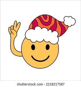New year smile icon wearing Santa hat. Christmas hippie smiling emotion. Vector illustration.