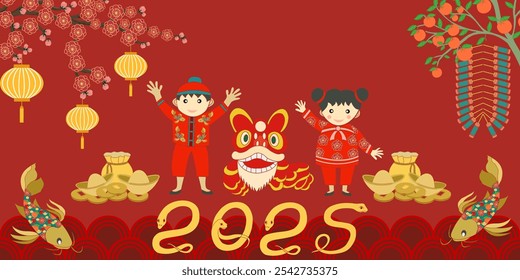 New Year of the snake 2025 decor with shape boys and girls, firecrackers, lanterns, dragon dance and ,orange tree,chinese money, plum blossom ,fish and entwined Snake shape 2025 on red background.