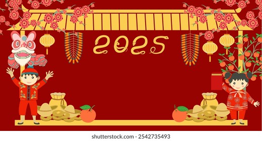 New Year of the snake 2025 decor with shape boys and girls, firecrackers, lanterns, dragon dance and ,orange tree,chinese money, plum blossom ,fish and entwined Snake shape 2025 on red background.