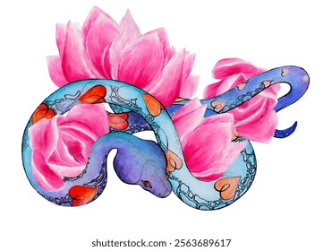 Ano Novo, Ano da cobra, 2025, design com cobra e belas flores magnólias.