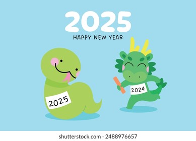 Nuevo año de la serpiente 2025 con la carrera de relevos de serpiente y dragón. Dragón zodiacal pasando una porra a la serpiente zodiacal. Ilustración de dibujos animados de animales del año nuevo chino.