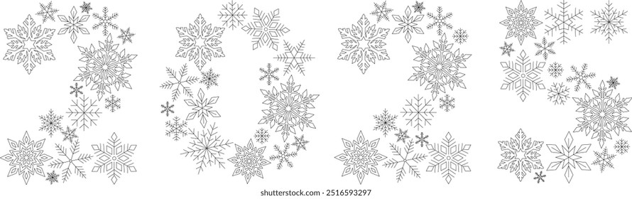 The new year of the snake 2025, graphic figures made of snowflakes. Happy winter holidays. linear graphics. the design style. background for preparing for the holidays.