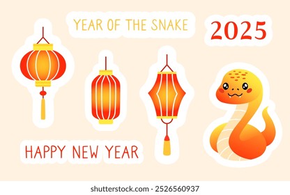 New year of the snake 2025. Sticker set with cute cartoon red snake and Chinese paper lanterns. Vector illustration