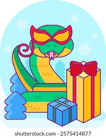 New Year snake in carnival glasses mask among gift boxes. Symbol of 2025 Chinese calendar year. Cartoon vector sticker on blue snowy background