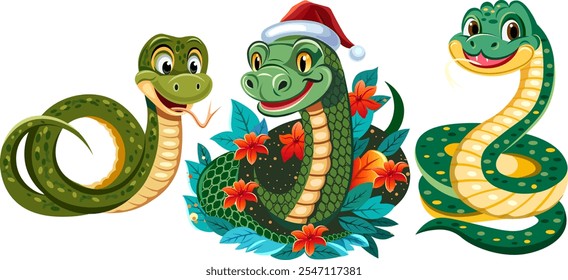 New Year of the Snake Cartoon Characters Set of Three Cute Snakes Suitable for Banners Stickers Flyers Ads Congratulations Happy Chinese New Year of the Snake Vector