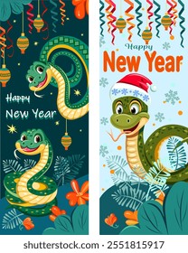 New Year of the Snake greeting card in two versions cartoon snake on New Year's background Chinese lanterns serpentine snowflakes text congratulations Happy New Year Vector