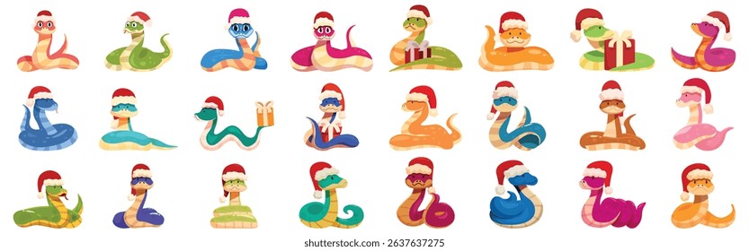 New year snake icons set. Adorable cartoon snakes with santa hats celebrating christmas, adding a festive touch to holiday designs