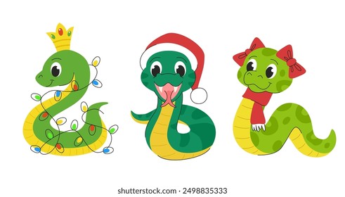 New year snake illustration. Year of the Snake 2025. Set of New Year snakes. Cute snakes in New Year clothes and decorations.