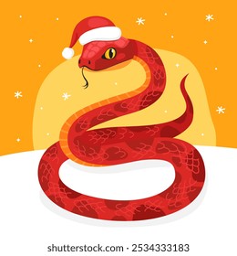 New Year of the Snake, Lunar New Year or Chinese New Year. Greeting card with a cute red snake wearing a Santa Claus hat on a yellow background. Animal zodiac cartoon character. Cute snake mascot.