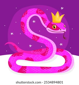 New Year of the Snake, Lunar New Year or Chinese New Year. Greeting card with a cute pink snake wearing a golden crown, purple background. Animal zodiac cartoon character. Cute snake mascot.