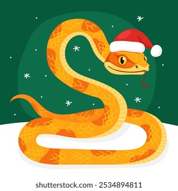 New Year of the Snake, Lunar New Year or Chinese New Year. Greeting card with a cute yellow snake wearing a Santa Claus hat on a green background. Animal zodiac cartoon character. Cute snake mascot.