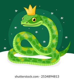 New Year of the Snake, Lunar New Year or Chinese New Year. Greeting card with a cute green snake wearing a golden crown, dark green background. Animal zodiac cartoon character. Cute snake mascot.