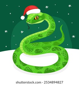 New Year of the Snake, Lunar New Year or Chinese New Year. Greeting card with a cute green snake wearing a Santa Claus hat on a green background. Animal zodiac cartoon character. Cute snake mascot.