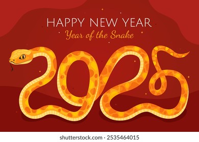 New Year of the Snake, Lunar New Year or Chinese New Year. Zodiac animal cartoon character. 
Greeting card. Cute yellow snake in the shape of the number 2025, red background.