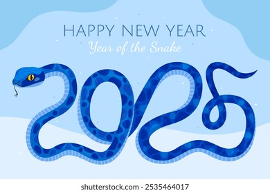 New Year of the Snake, Lunar New Year or Chinese New Year. Zodiac animal cartoon character. 
Greeting card. Cute blue snake in the shape of the number 2025, light blue background.