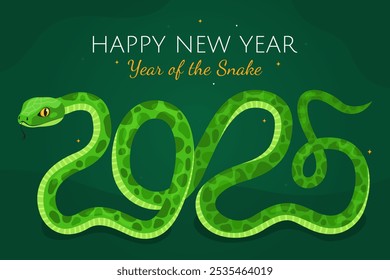 New Year of the Snake, Lunar New Year or Chinese New Year. Zodiac animal cartoon character. 
Greeting card. Cute green snake in the shape of the number 2025, dark green background.