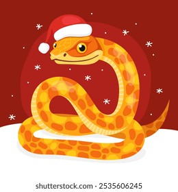 New Year of the Snake, Lunar New Year or Chinese New Year. Greeting card with a cute yellow snake wearing a Santa Claus hat on a red background. Animal zodiac cartoon character. Cute snake mascot.