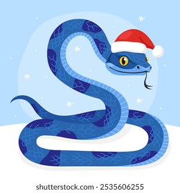 New Year of the Snake, Lunar New Year or Chinese New Year. Greeting card with a cute blue snake wearing Santa Claus hat on a light blue background. Animal zodiac cartoon character. Cute snake mascot.